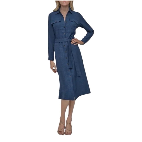 DKNY Dresses & Skirts - DKNY Denim Blue Long Sleeve Belted Midi Shirtdress Cotton Robe Dress Size 6